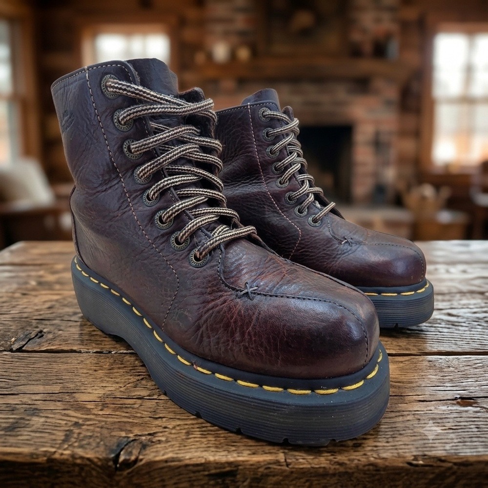 Vintage Dr Martens Platform Boots Brown Leather Moc Toe X-Stitch Womens 6
